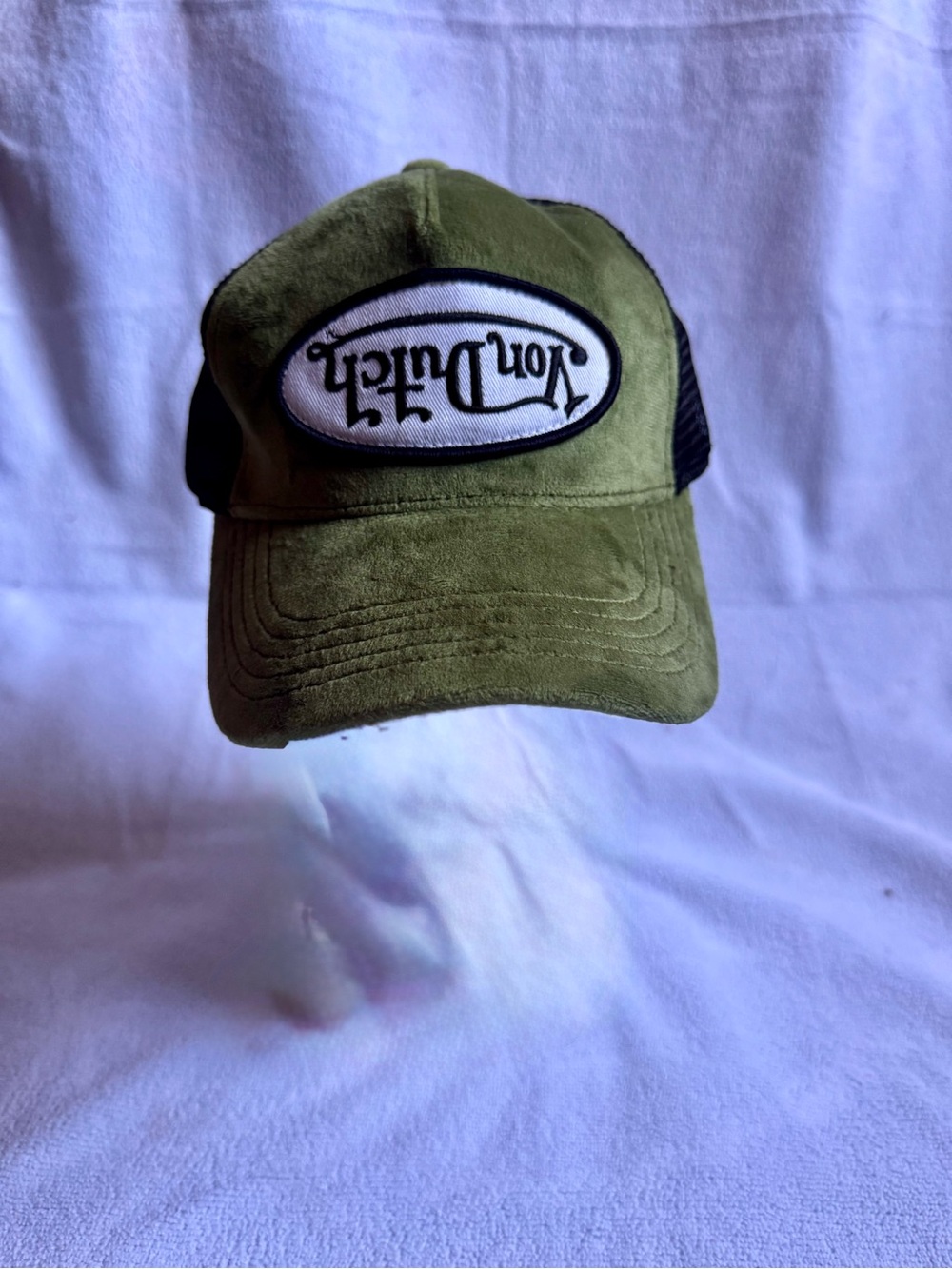Von Dutch Olive Suede-Look Trucker Hat with Black Mesh